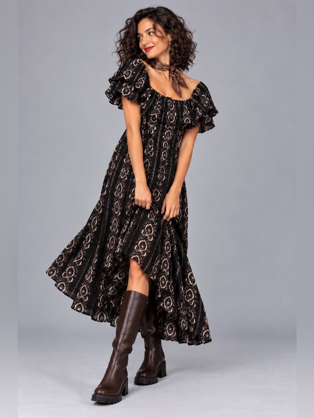 Brown Paisley Boho Maxi Dress Puff Sleeve Romantic 70s Style